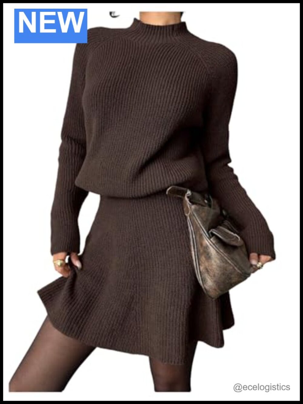 Women's Mock Neck Long Sleeve Sweater Knit Top and Skirt Set